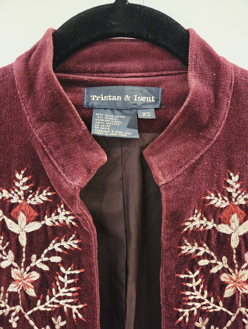 Vintage Tristan & Iseut Velvet Jacket | 90s Burgundy Embroidered Long Blazer XS - Picture 3 of 14